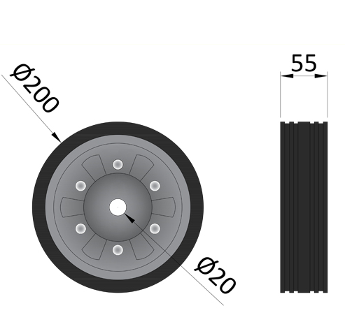 Solid Rubber Jockey Wheel, Replacement Wheel 200 x 55mm (suits 48mm HD maypole jockey wheel)