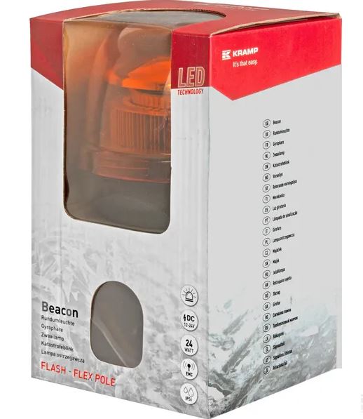 Warning beacon LED, 24W, 12-24V, amber, flexible pole mount, Ø 128mm x215mm