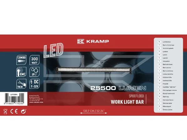 Work light bar LED, 300W, 25500lm, rectangular, 12/24V, white, 1320.8x79.5mm, Cable, Combo, 100 LED's, Kramp