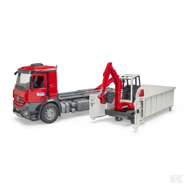 MB Arocs truck with container and Schaeff mini excavator