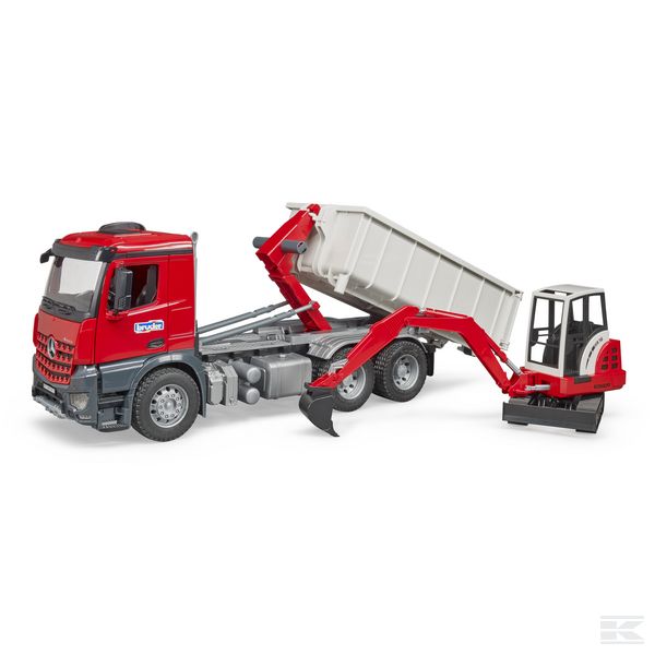 MB Arocs truck with container and Schaeff mini excavator